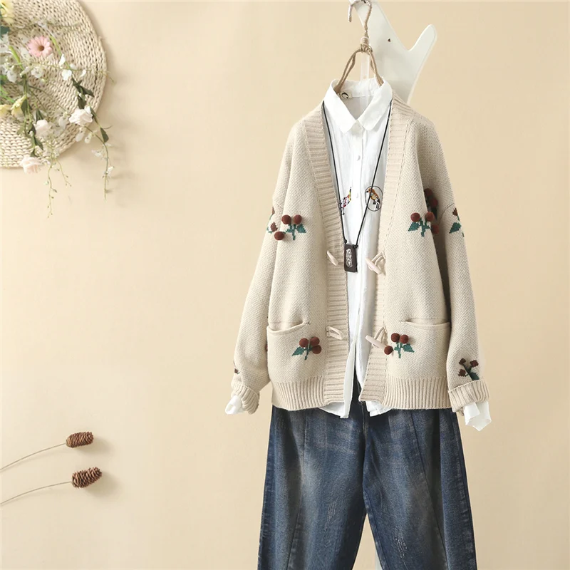 Women's Beige/Red Knitted Cotton Fruit Embroidery Mori Girl Loose Cardigan Sweater |