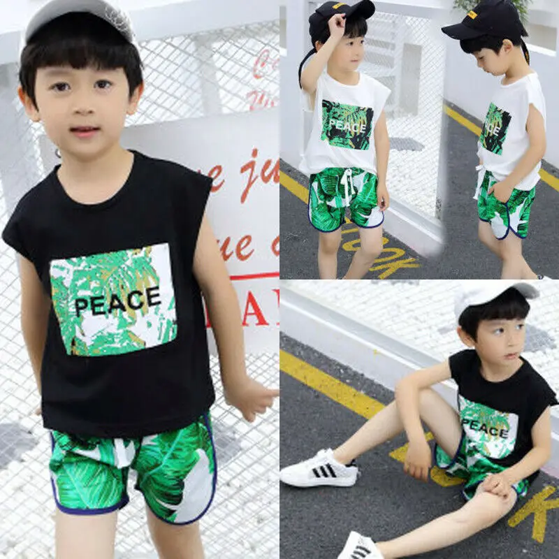 2PCS Toddler Kid Baby Boy Causal Clothes Letter Print T-shirt Tops Tank+Shorts Beach Outfits Sets 1-6Y | Детская одежда и обувь