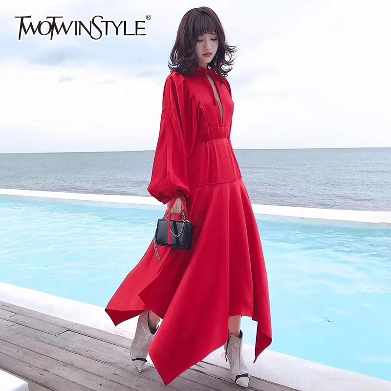 TWOTWINSTYLE Сатиновые платья для женщин с бантом и фонариком длинным рукавом со