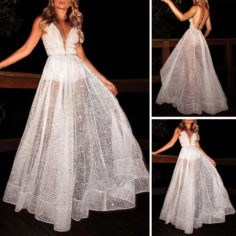 Женское длинное платье на бретелях с открытой спиной без рукавов прозрачное