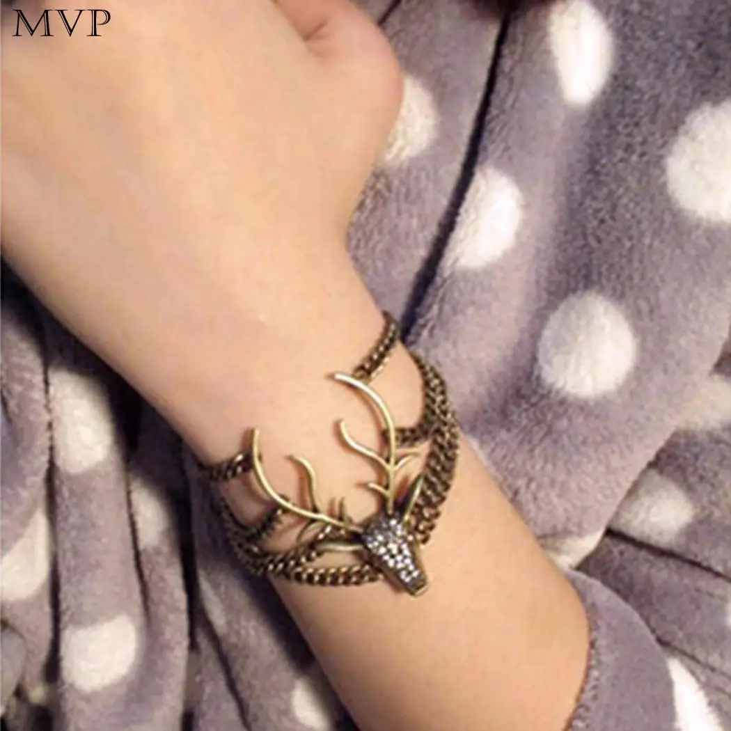 Women Fashion Deer Head Shape Multi Casual Link Chain Layers Cuff Crystal Bracelet Lobster Claw Clip Jewelry | Украшения и