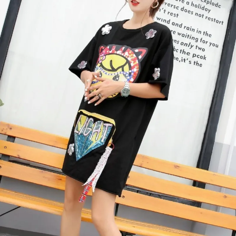 QING MO кисточки короткий рукав платье для женщин мультфильм блесток длинная