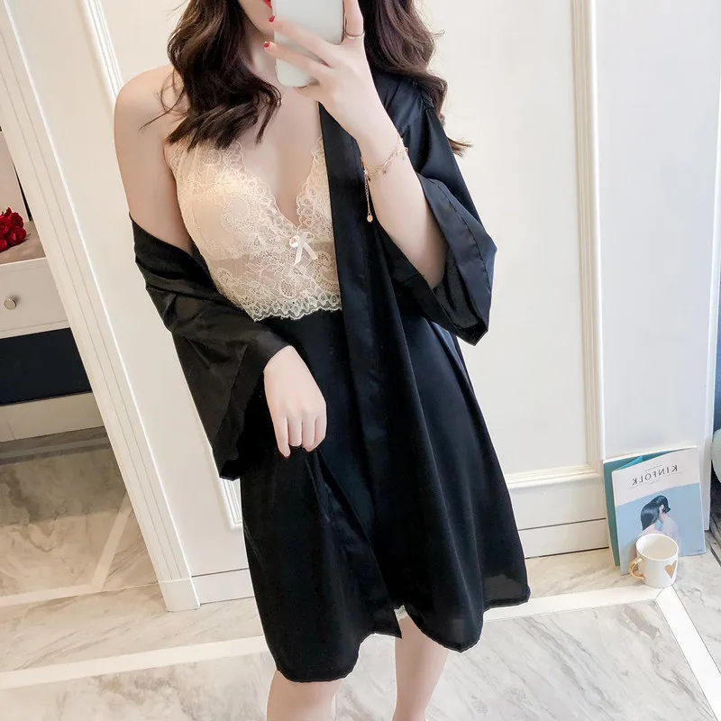 Новинка 2019 г. ночная рубашка из искусственного шелка комплект двух предметов