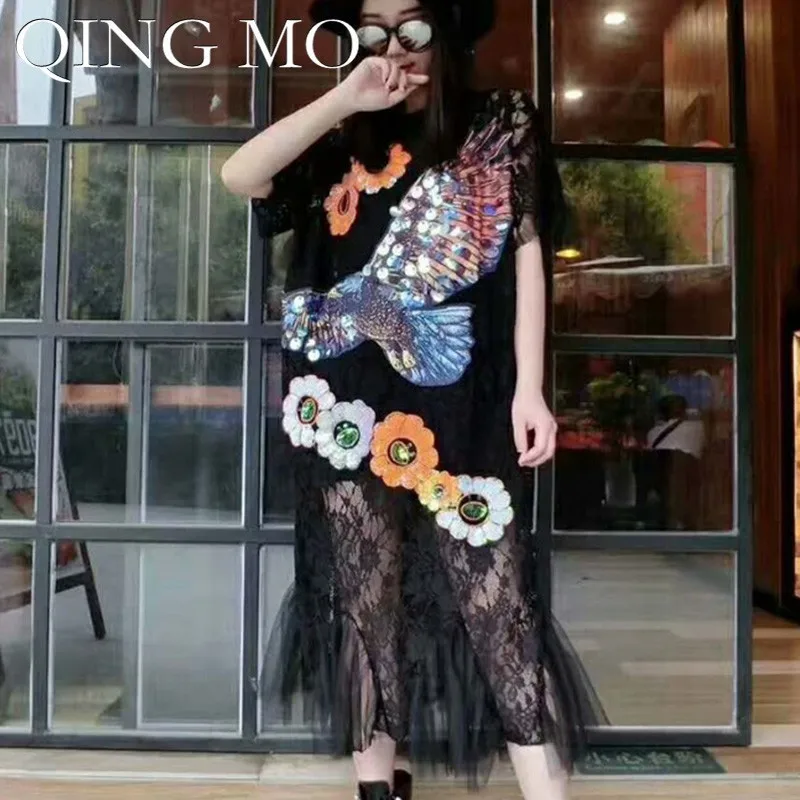 QING MO Sequin Eagle Dress Women Holes Lace Flower Short Sleeve Black Long Patchwork Summer Clothing ZLDM111 | Женская одежда