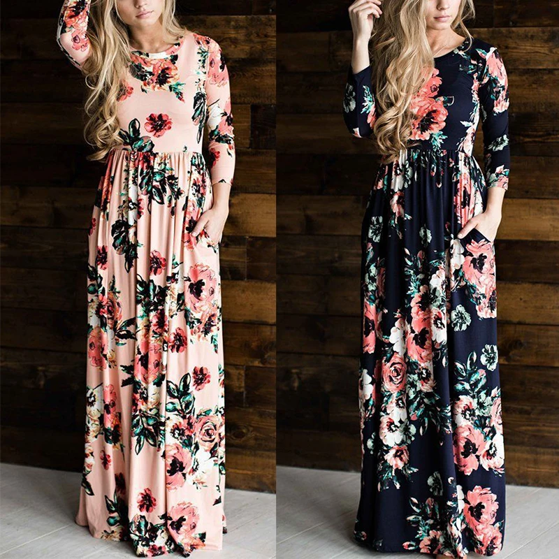 Богемное платье трапециевидной формы с длинным рукавом и цветочным принтом