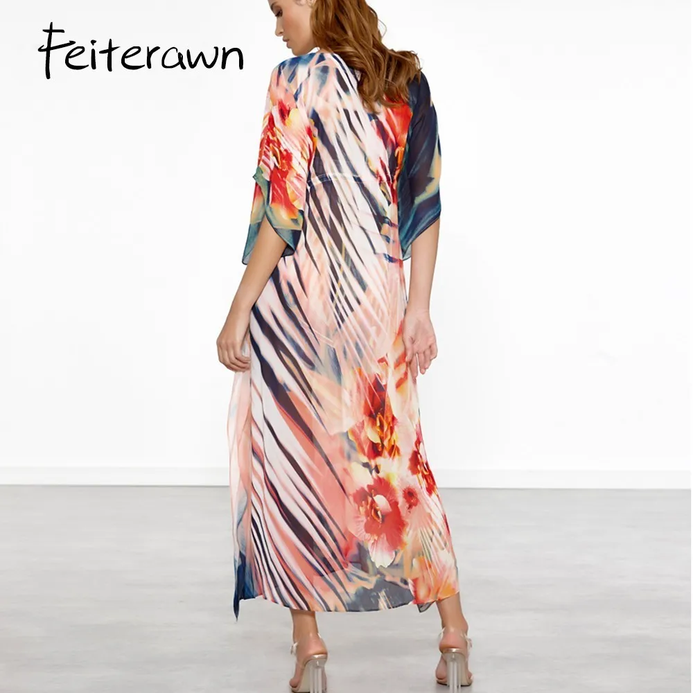 Feiterawn шифоновое платье с цветочным принтом Boho v образный вырез коротким рукавом