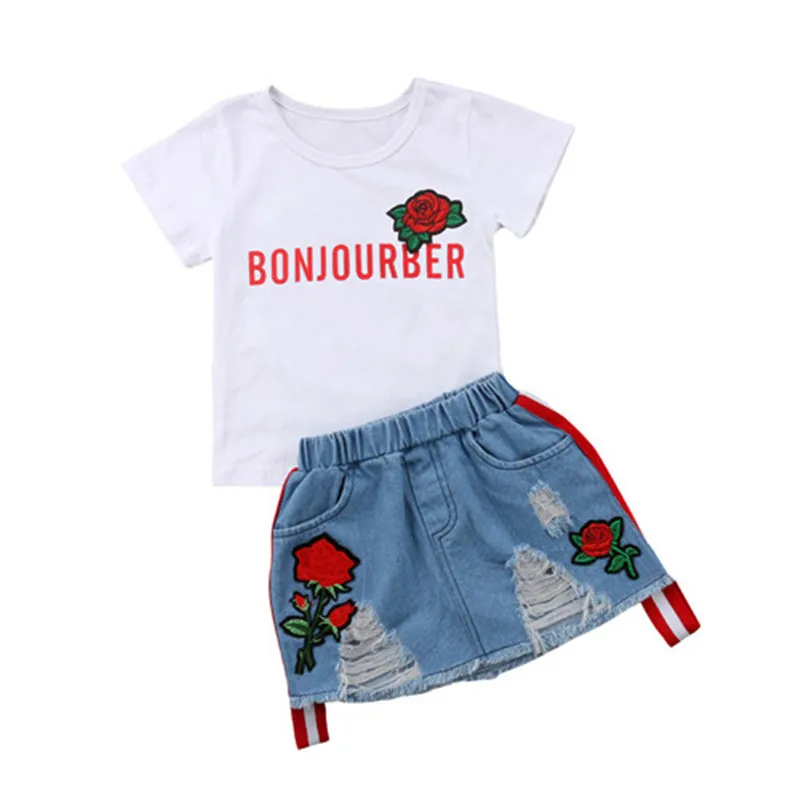 

Summer 2pcs Newborn Baby Girl T-shirt Cotton Skirt Floral Denim Dress Outfit Clothes Kids Clothes Girls Teenage Cotton O-neck