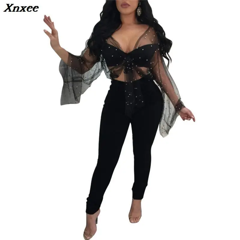 

Xnxee Sheer Mesh Pearls Women Sexy Crop Tops Blouses Lace Up V Neck Long Sleeve Shirts Summer Beach Cover Up Ladies Blouses