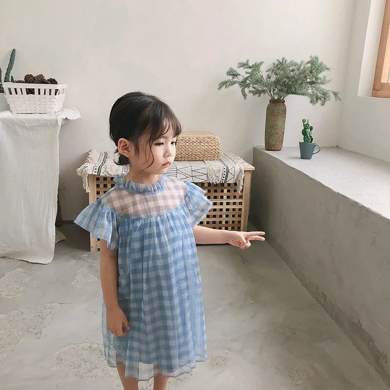 Tulle Dresses For Toddler Girls Ruffles Collar Baby Girl Dress Clothes Summer 2019 A Line Blue White Plaid Children Clothing | Детская
