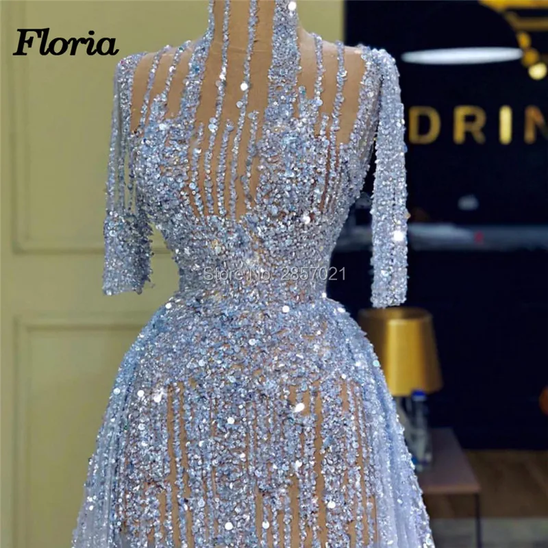 Generous Blue Beaded Evening Dresses With Transparent Dubai Turkish Prom Dress Arabic East Middle Party Gown Robe De Soiree 2019 | Свадьбы и