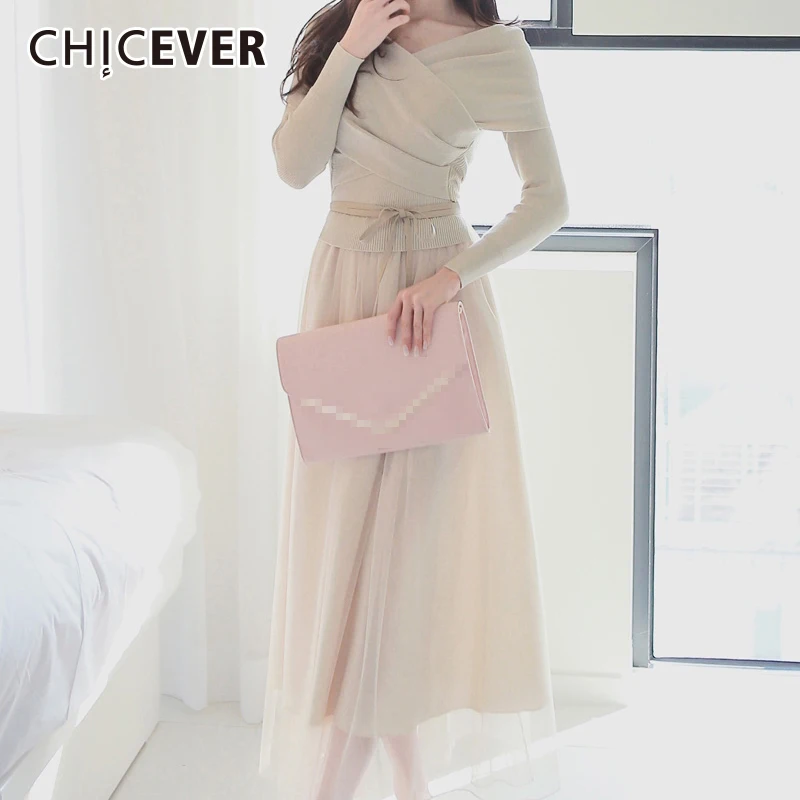 Chicever осень 2017 г. Тонкий поддельные Двойка платье Для женщин Туника Вязание