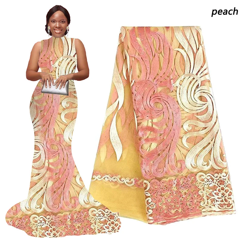 Фиолетовая африканская кружевная ткань для aso ebi оранжевая кремово-желтая