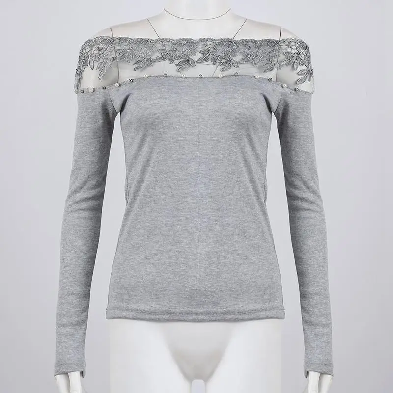 Fashion Solid Knit Lace Patchwork Top Pearl Off Shoulder Blouse Long Sleeve Hollow Out Elegant Slim Tops Female | Женская одежда