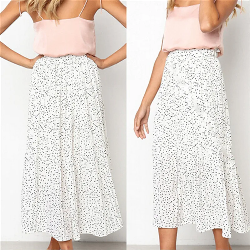 

Women's Elastic Waist Skirts 2019 High Waist Bodycon Boho Vintage Pleated Skirt Polka Dot Knee-length Skirt Sexy A-line Skirts