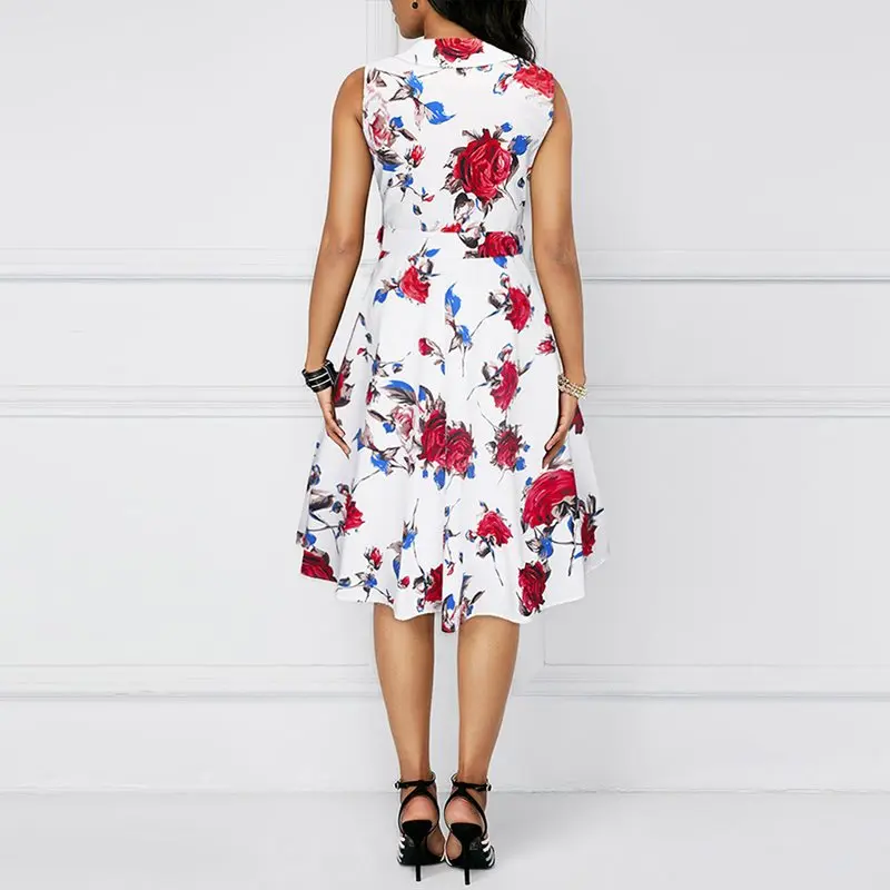 Женское винтажное платье с высокой талией элегантное цветочным принтом лето