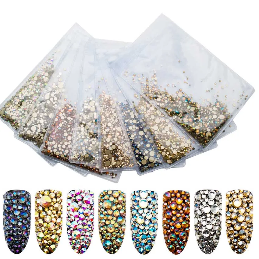 AB Кристаллы Стразы для ногтей Mixs Size1440Pcs золото ногтевого дизайна с плоской задней