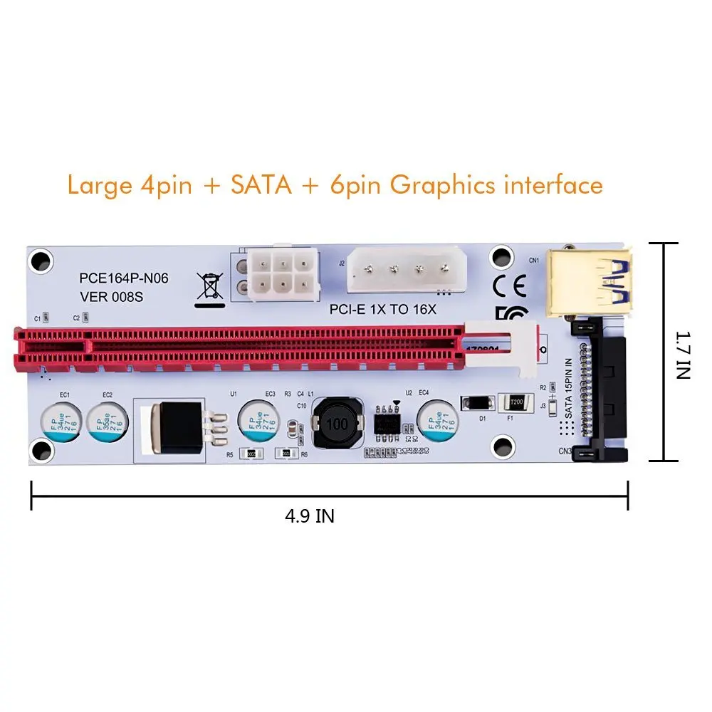 PCI-E стояки 1X до 16X Графический удлинитель для GPU Mining power ed Riser Adapter Card w/Molex 4Pin SATA 6Pin