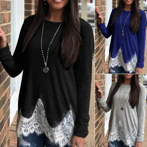 

Women's Long Sleeve Lace Casual T Shirt Ladies Cotton Loose Tops 6-14
