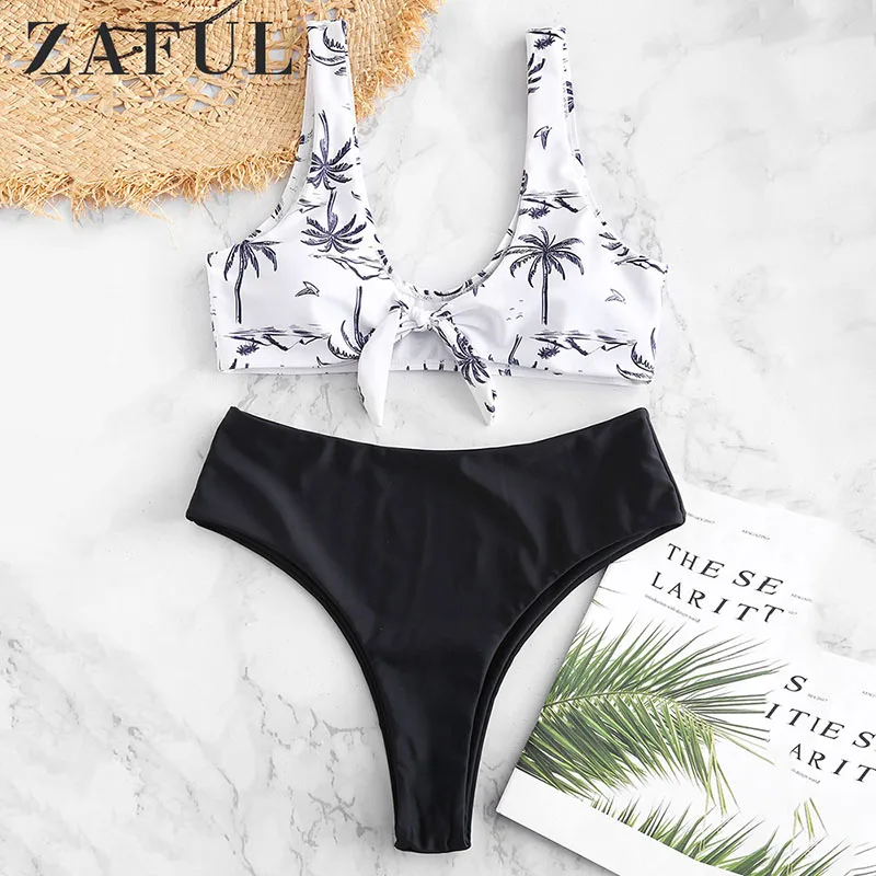 Женский комплект бикини ZAFUL черный бандажный купальник с кокосовой пальмой