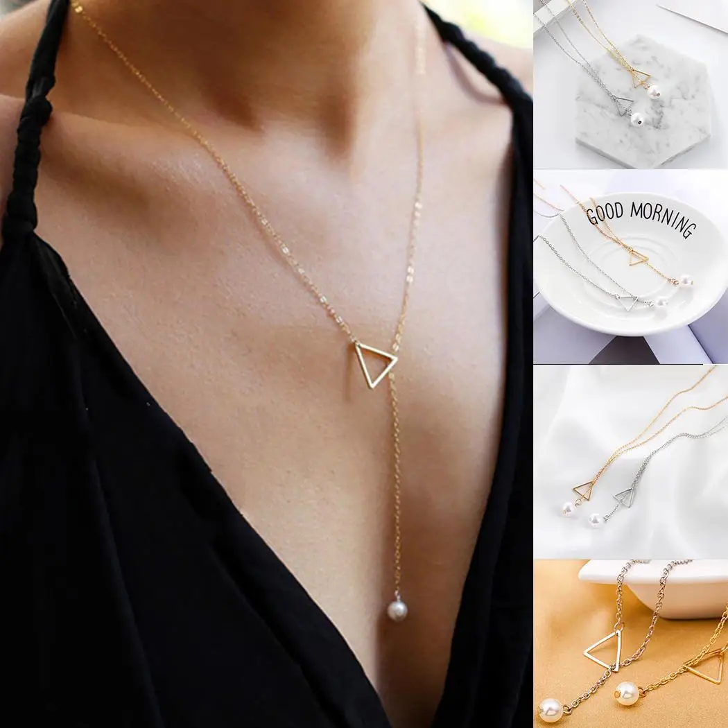 Women Fashion Adjustable Triangle Imitation Pearl Pendant Necklaces Jewelry Casual Party Beach etc Hollow Out Link Chain | Украшения и
