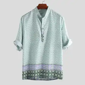 Пляжная рубашка Camisa, богемная Мужская рубашка, футболка с коротким рукавом и стоячим воротником, свободная мешковатая футболка, 2020, этническая Мужская одежда, для отдыха, для женщин