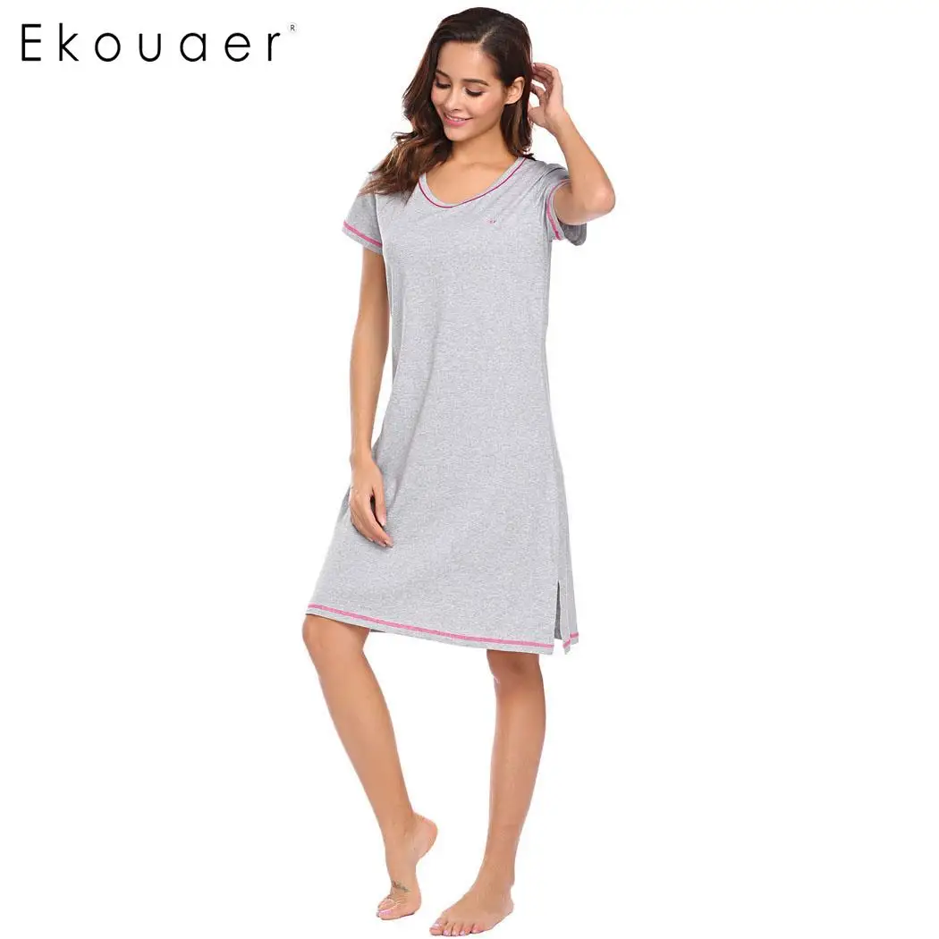 Ekouaer/Летняя хлопковая ночная рубашка с вышивкой Однотонная коротким рукавом и