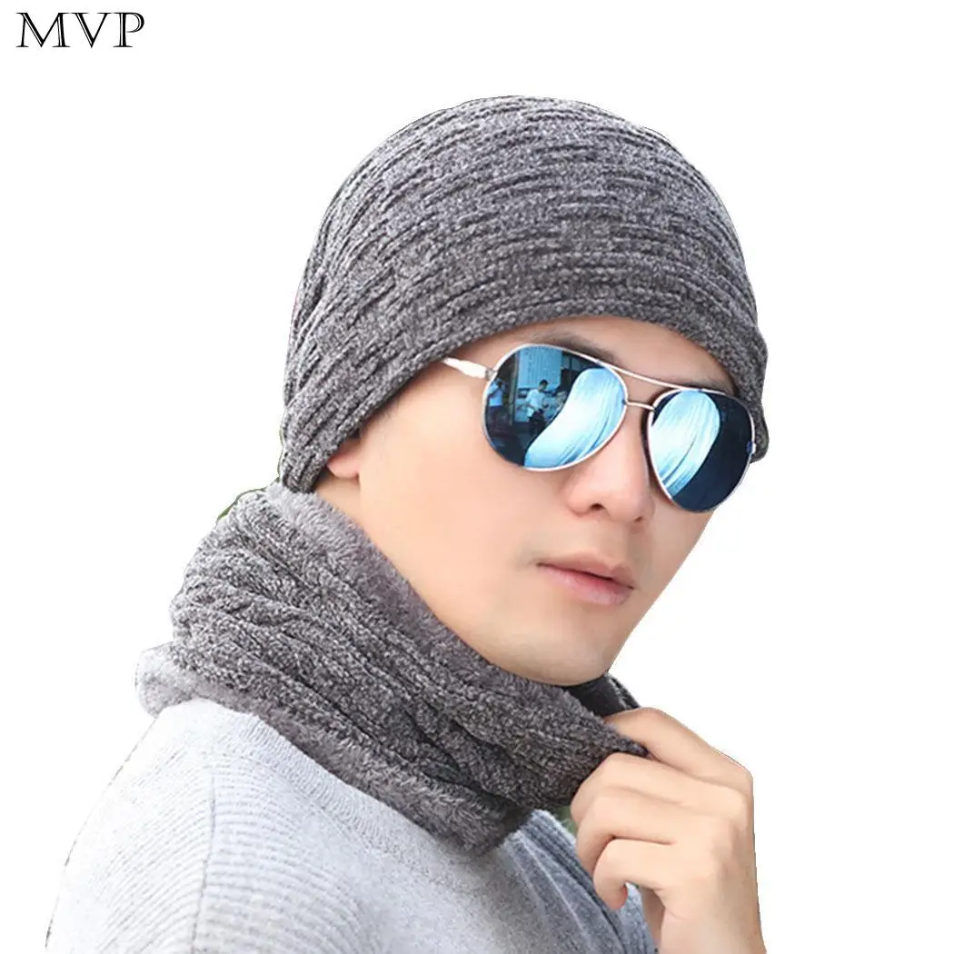 Men Winter Warm Solid Plush Hat Casual Street Outdoor Beanie 2 Pcs/Set &amp Skull Spring Fall Cap Scarf Set |