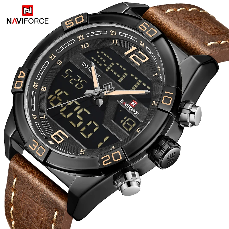 

NAVIFORCE модные Для мужчин часы марки военные спортивные часы Для мужчин; светодиодный цифровой Кварцевые наручные часы из натуральной кожи Водонепроницаемый часы
