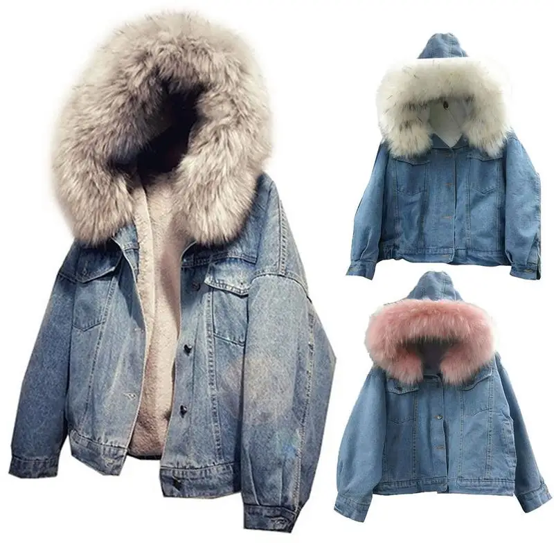 Fall And Winter New Korean Hooded Cotton Jacket Thick Fleece Short Jean Jacket Fashion Large Fur Collar Cotton Coats