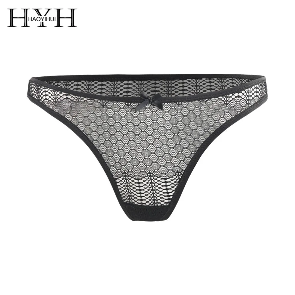 HYH Haoyihui Sexy Perspective Bud Silk Yarn Stitching Black High Waist Lace Thong Lace-up Hollow |