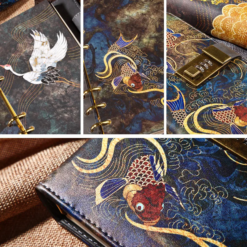 

A6 Chinese Style Crane Koi Leather Notebook Binder Spiral Diary Journal Planner Agenda Password Work Note Book Business Gift