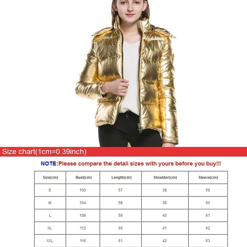 Female Laser Metallic gold color Jacket Women bread style Luxury shiny Windbreaker Hooded coat Thick Cotton Padded Outwear A9056 | Женская