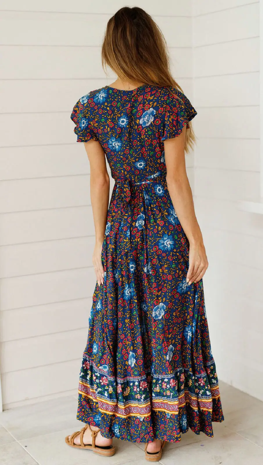 UK Mulheres Vestido Boemia Цветочное платье с v-образным вырезом, летнее пляжное повседневное длинное Открытое платье в стиле бохо, сексуальное Ретро свободное платье
