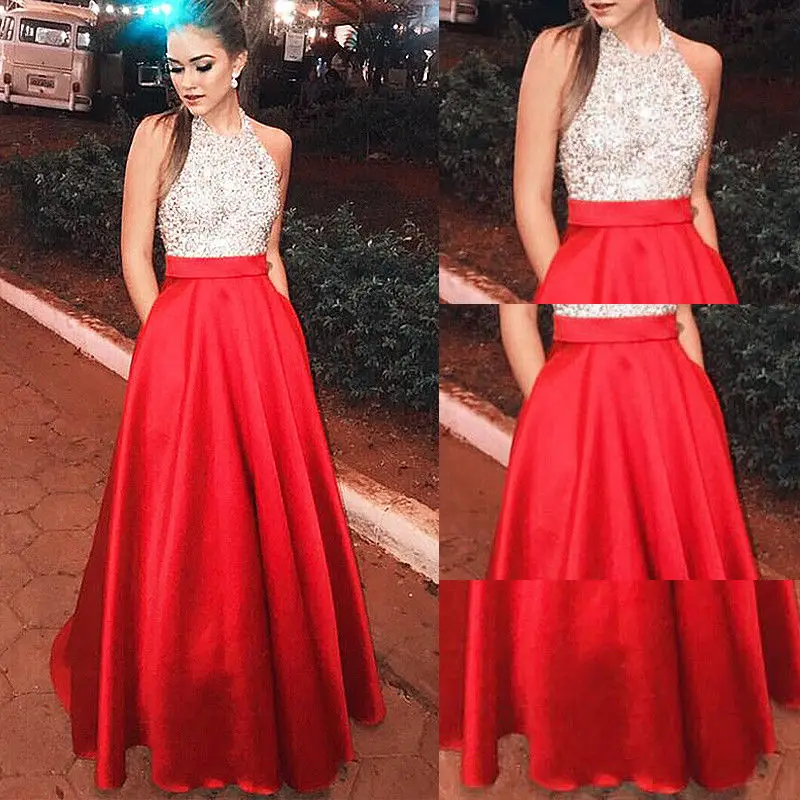 

Elegant Formal Evening Patchwork Sleeveless O Neck Dresses Party Ball Prom Gown Sequin Long Dress