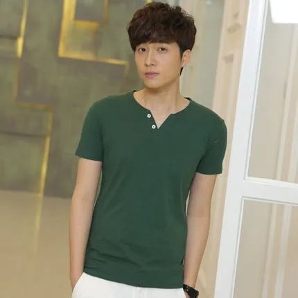 

2019 Summer New Men's Solid Color Cotton Linen t shirts Male Slim Fit Short Sleeve tshirt Tops V-Neck Cotton t shirt M-3XL