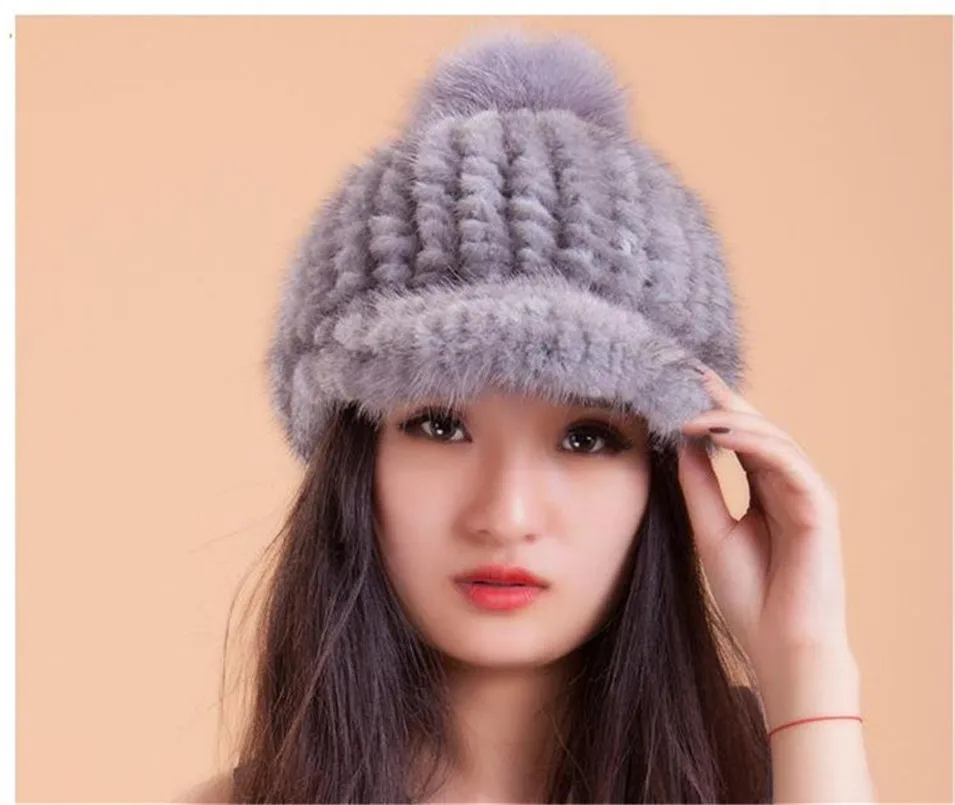 women's real mink fur knitted genuine fur winter warm hats visor women winter cap with visor with fur pompom white gray  H221