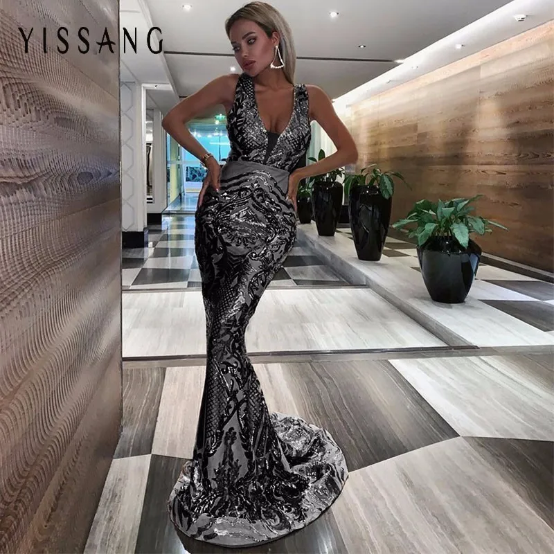 Yissang, вечернее, для ночного клуба, сексуальное, длинное платье, для женщин, летнее, глубокий v-образный вырез, платья без рукавов, одноцветное, Русалка, с блестками, платье для женщин, Vestidos