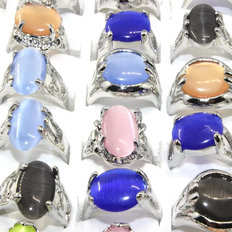 Смешанные цвета Овальный Кошачий глаз камень посеребренное кольцо Модные