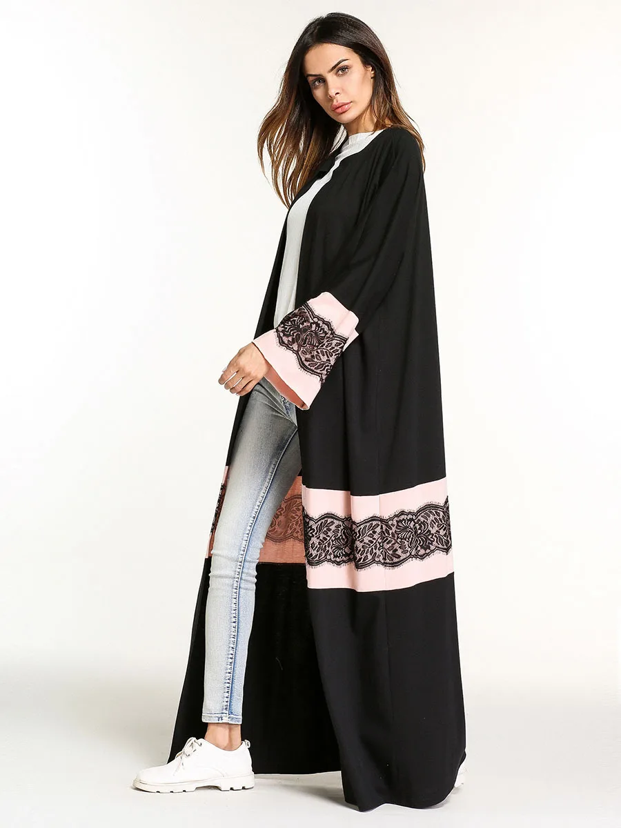 Рамадан мусульманское Абая кружево черное лоскутное длинное платье кимоно Jubah