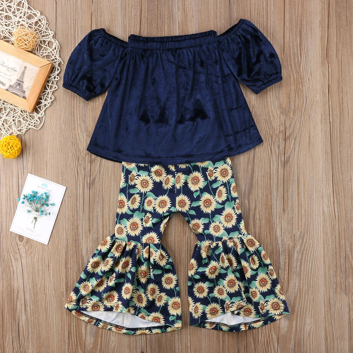1-6Years Floral Girls Suit Kid Baby Girl Blue Velvet Tops+Sunflower Printed Loose Flare Pants Outfits Summer Children Clothing | Детская