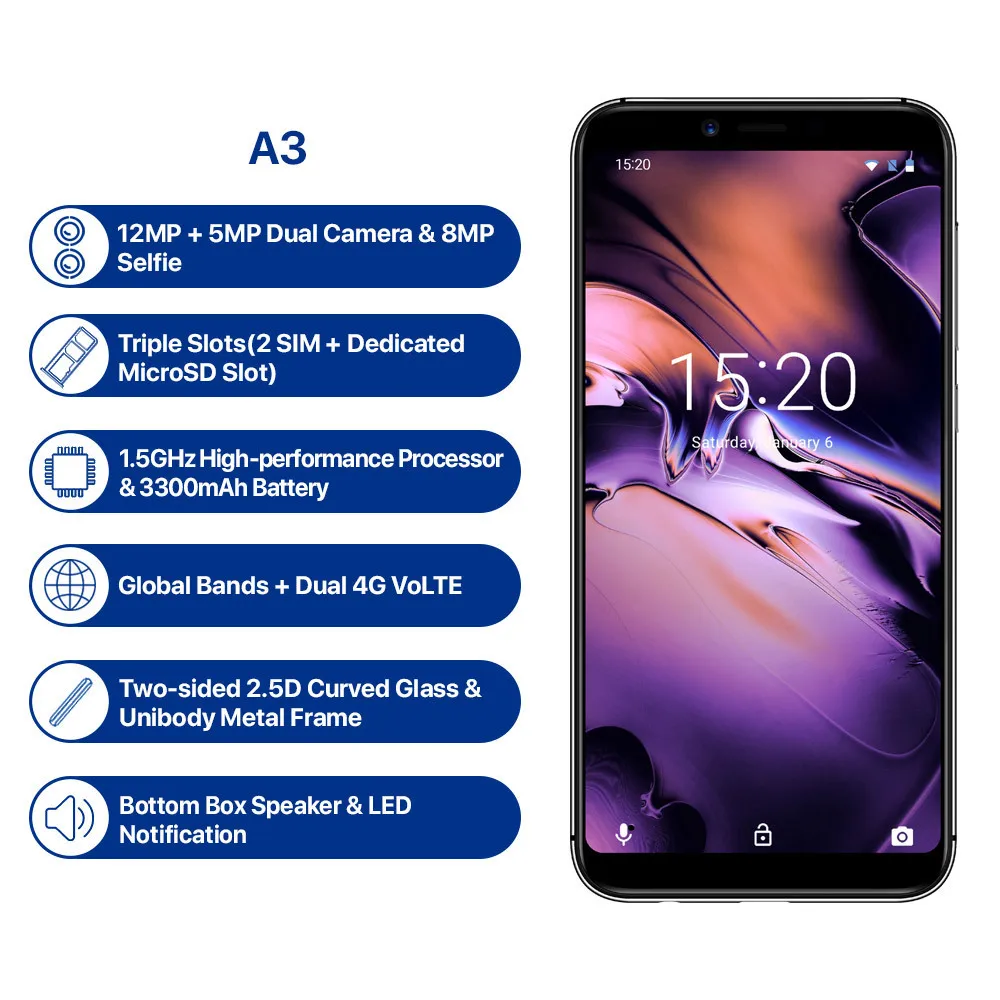 Umidigi A3 глобальная лента 5 &quotincell Hd + дисплей 2 ГБ 16 Гб Смартфон 4 ядра Android 8 1 12mp 5mp с