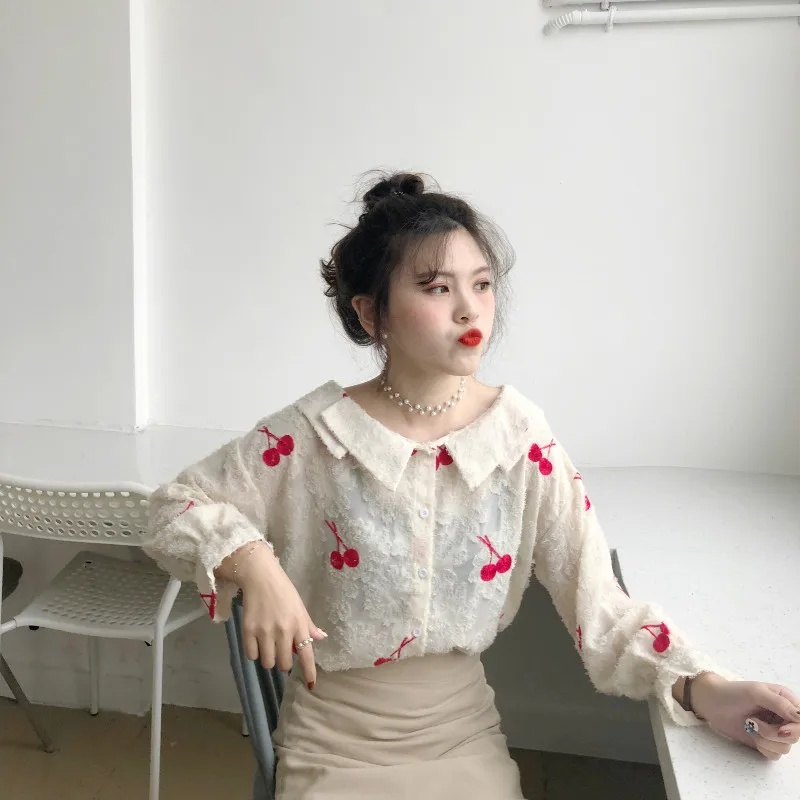 Женская блузка с вышивкой в виде вишни Lychee весенне-осенняя милая круглым