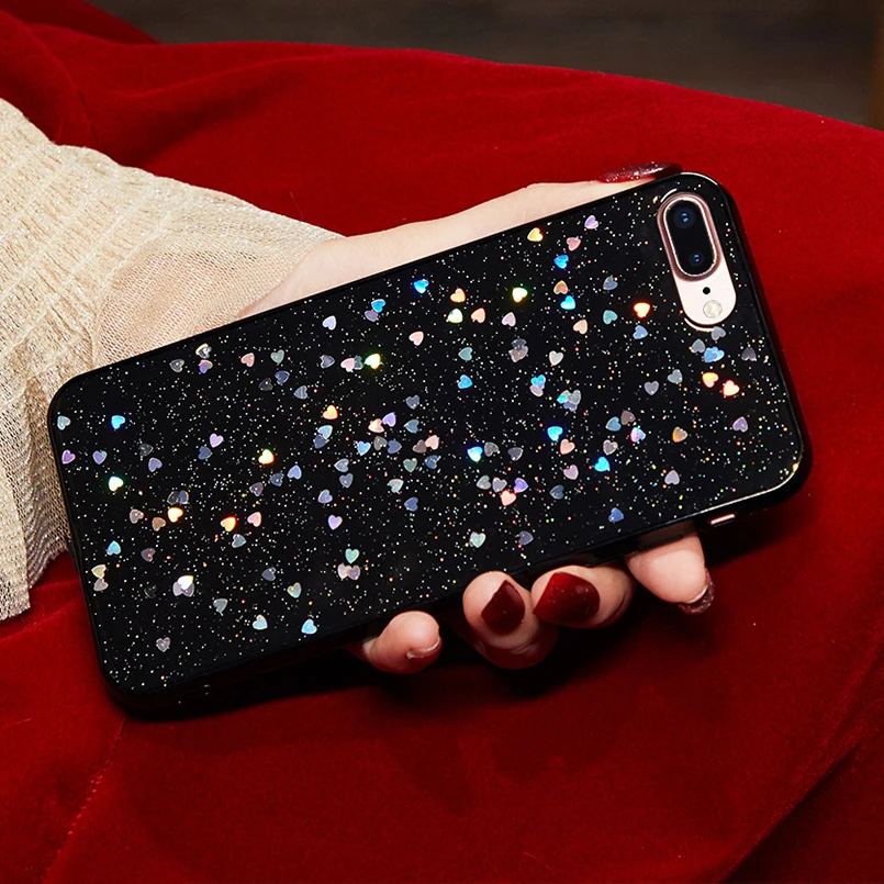 Роскошный чехол сверкающий с блестками для iPhone X XS MAX XR 8 7 6 6S Plus задняя крышка Love Heart