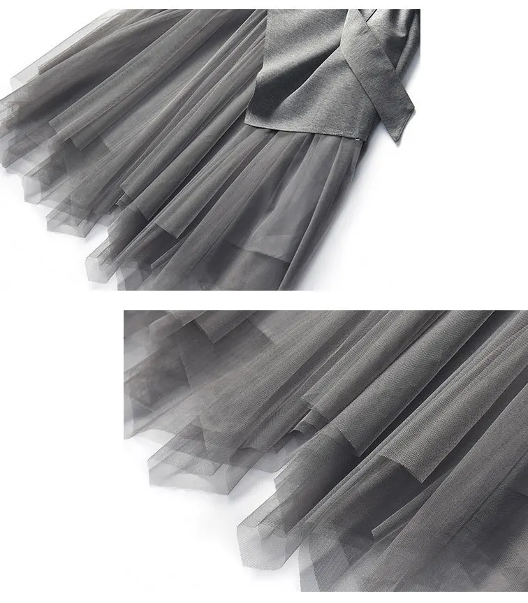 

FOLOBE Spring Autumn Patchwork Tulle Dresses 3/4 Sleeve Gray Black Women Casual Dress Office Lady Dress