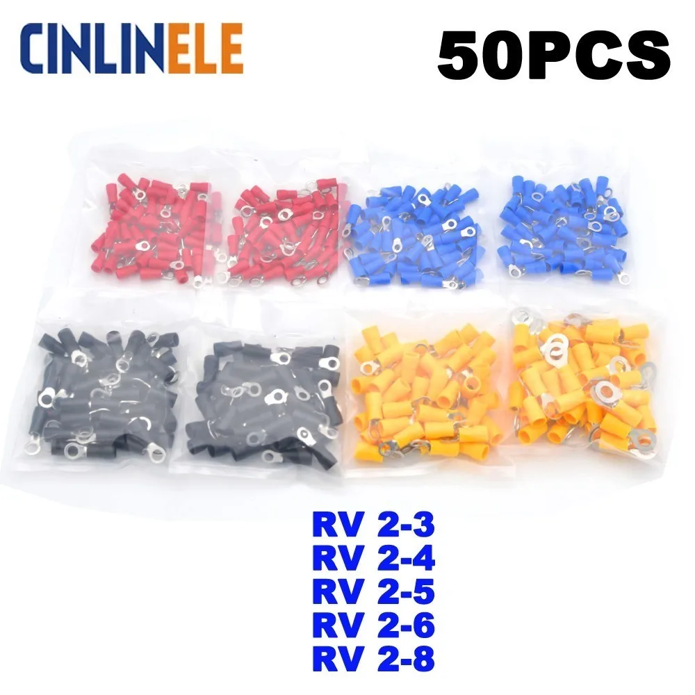 50 шт./лот кольцевой обжимной изоляционный терминал RV2 3 4 5 6 8 Кабельный соединитель
