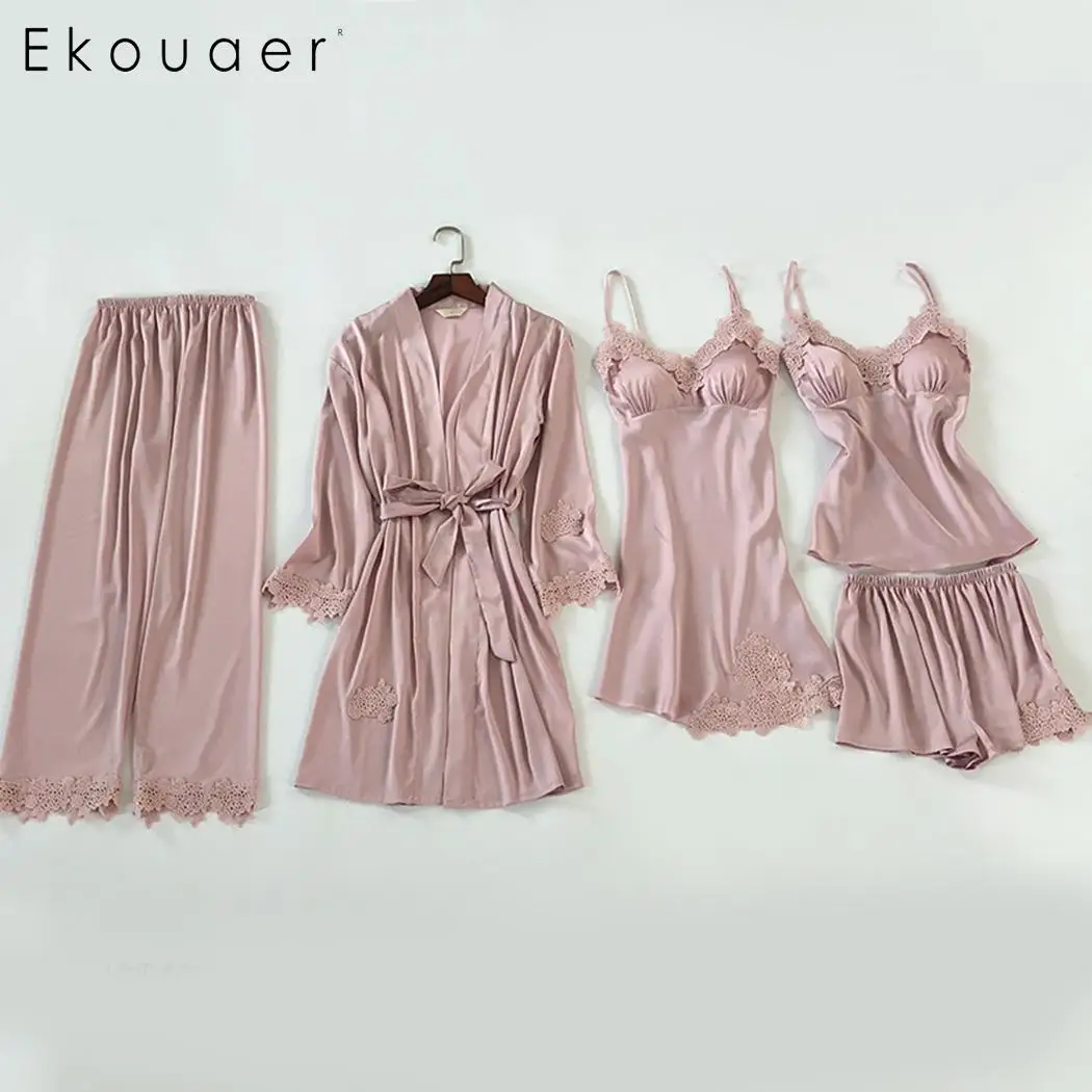 Ekouaer/5 шт./лот Женский пижамный комплект кружевной банный халат и ночная рубашка