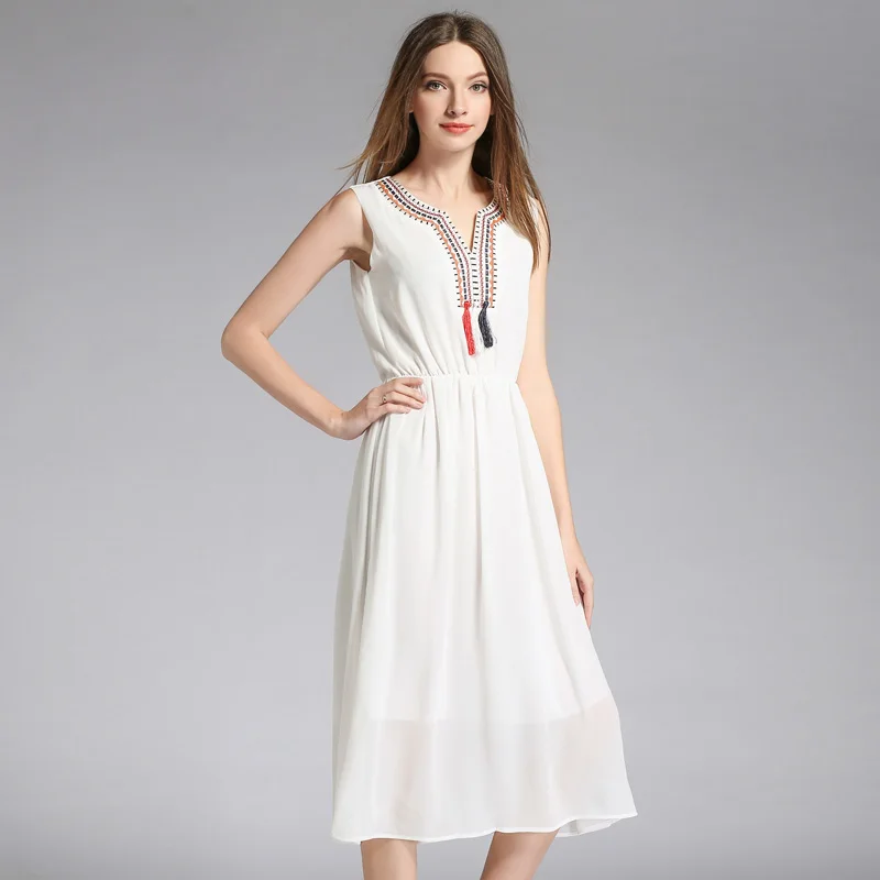 Willstage 2019 summer White chiffon dress Women Bohemian beach Wear seaside resort boho Sleeveless Tassel patchwork | Женская одежда