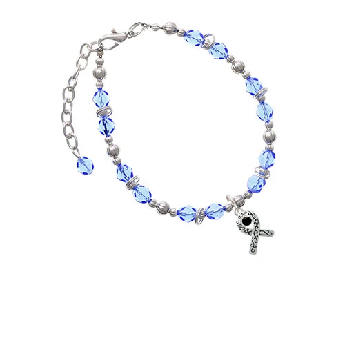 Silvertone Scroll Ribbon with Black Crystal Light Blue Beaded Bracelet | Bracelets