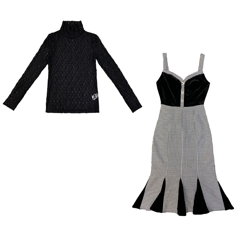 

suit new Korean fashion women's clothing Set 2019 spring two-piece lace black T shirt & tank fishtail dress vestido
