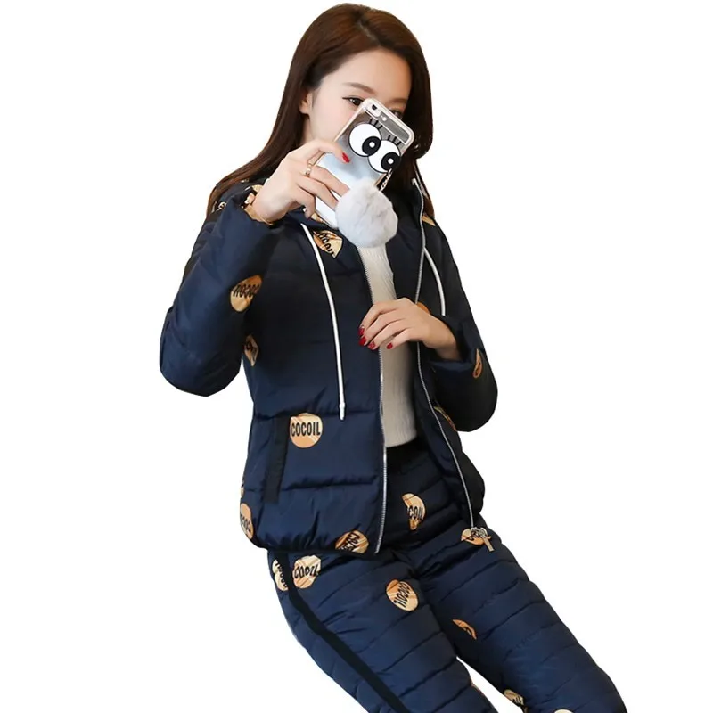 

Women Winter Down Cotton Jacket Suit Tracksuit Female Fashion Hooded Warm Two Piece Set Print Thicken Padded Coat Pants Suits